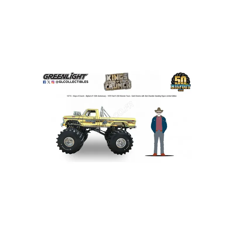 Certifié Ford f-250 1974 monster truck bigfoot 1 "the orginal monster truck - 50eme anniversaire" or avec figurines bob chandler