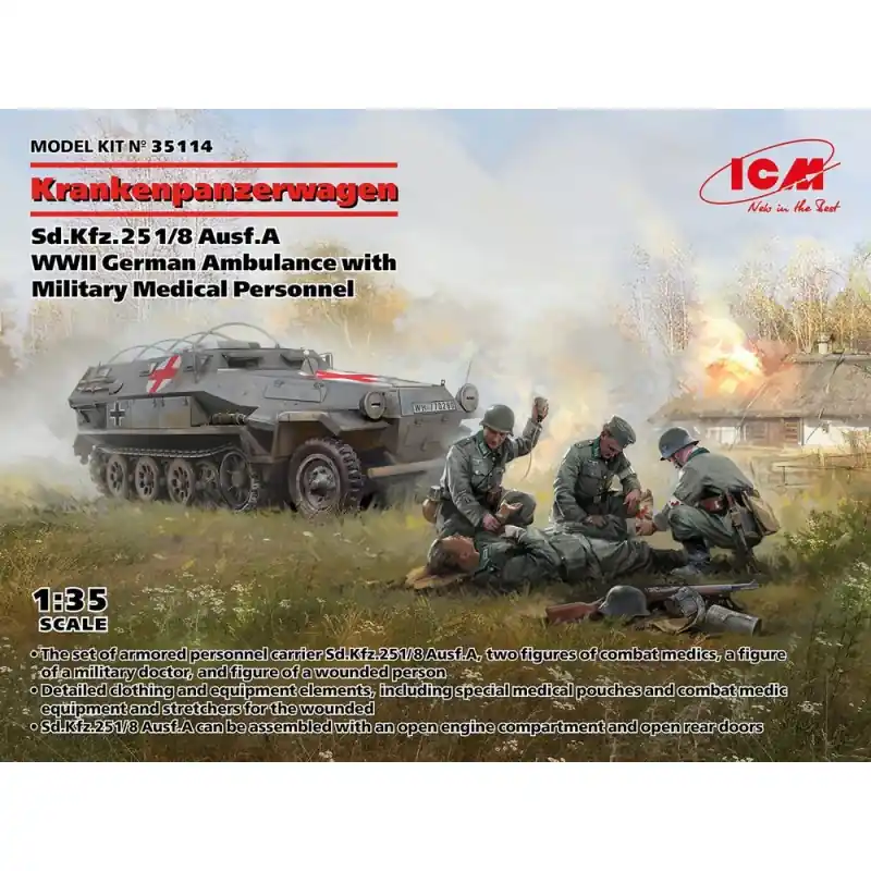 Vente Flash ICM 35114 MAQUETTE ‘KRANKENPANZERWAGEN‘ SD.KFZ.251/8 AUSF.A , WWII GERMAN AMBULANCE WITH MILITARY MEDICAL PERSONNEL 1/35