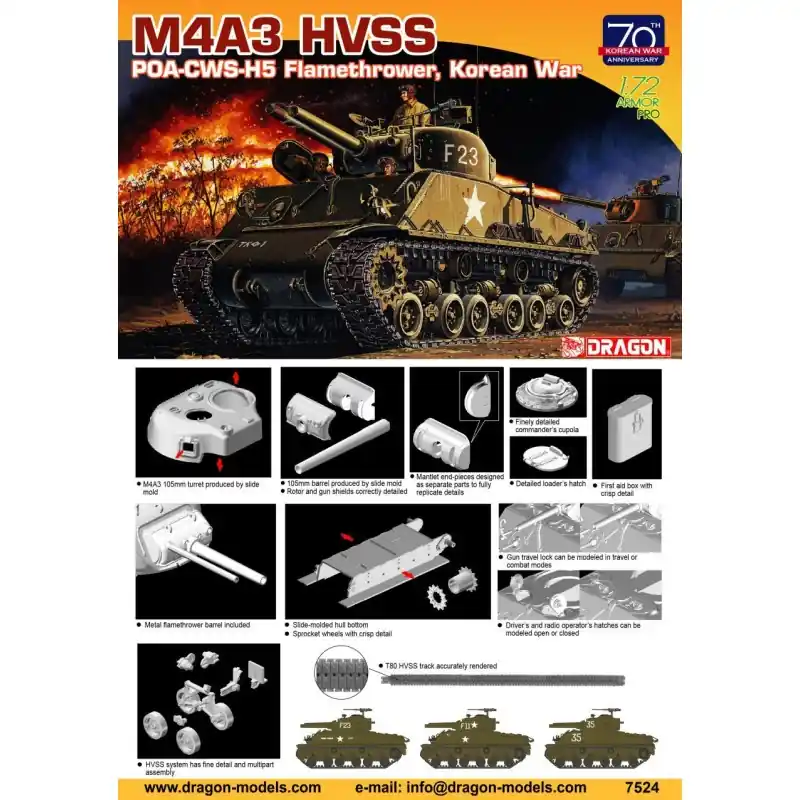 Livraison Express DRAGON 7524 MAQUETTE MILITAIRE M4A3 HVSS POA-CWS-H5 FLAMETHROWER, KOREAN WAR 1/72