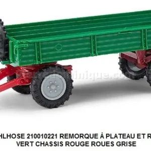 *SOLDES* - REMORQUE Ã PLATEAU ET RIDELLES T4 VERT CHASSIS ROUGE ROUES GRISE Offre Du Jour