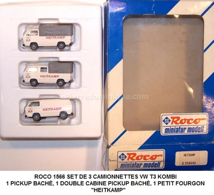 *SOLDES* - SET DE 3 CAMIONNETTES VW T3 KOMBI 1 PICKUP BACHÉ, 1 DOUBLE CABINE PICKUP BACHÉ, 1 PETIT FOURGON ‘‘HEITKAMP‘‘ Pas Cher