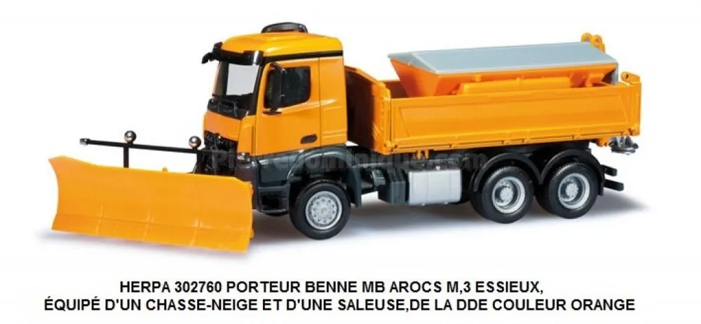 PORTEUR BENNE MERCEDES BENZ MB AROCS M,3 ESSIEUX, ÉQUIPÉ D‘UN CHASSE-NEIGE ET D‘UNE SALEUSE,DE LA DDE COULEUR ORANGE "SERVICE D‘HIVER" Vente Flash