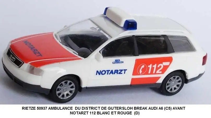 Offre Spéciale *SOLDES* - AMBULANCE DU DISTRICT DE GUTERSLOH BREAK AUDI A6 (C5) AVANT NOTARZT 112 BLANC ET ROUGE (D)