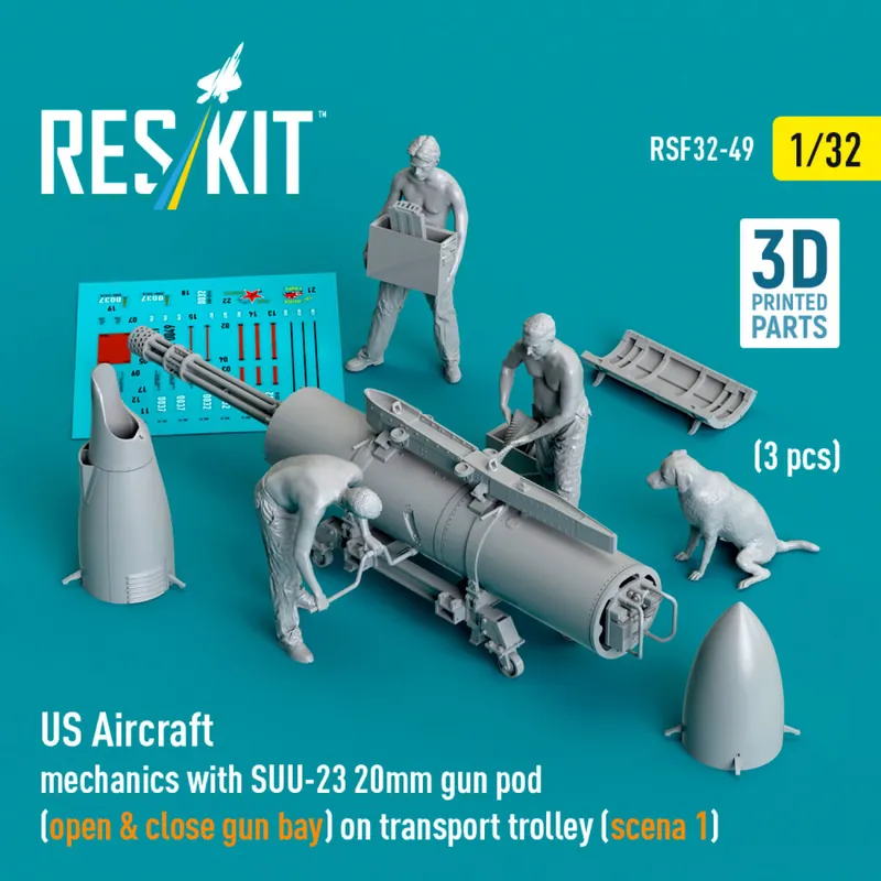 Petit Prix RES/KIT F32-0049 US Aircraft Mechanics With SUU-23 20mm Gun Pod (Open & Close Gun Bay) On Transport Trolley (Scene 1) (3 pcs) (3D Printed)