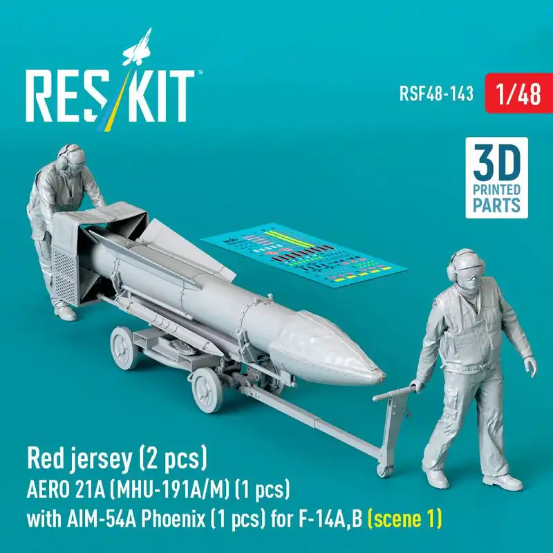 Paiement Sécurisé RES/KIT F48-0143 Modern Red Jersey (2 Figures) - Aero 21A (MHU-191A/M) (1 piece) with AIM-54A Phoenix (1 piece) for F-14 A/B - Scene 1 (3D-Printed)