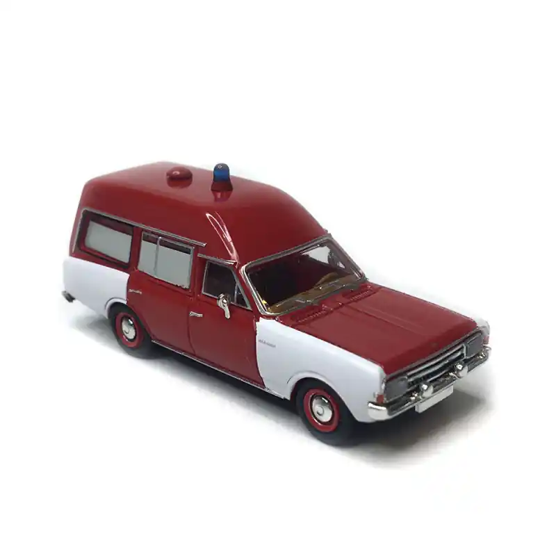 Super Prix Opel Rekord C, Ambulance pompiers, rouge, 1968 - BREKINA 20675 - HO 1/87