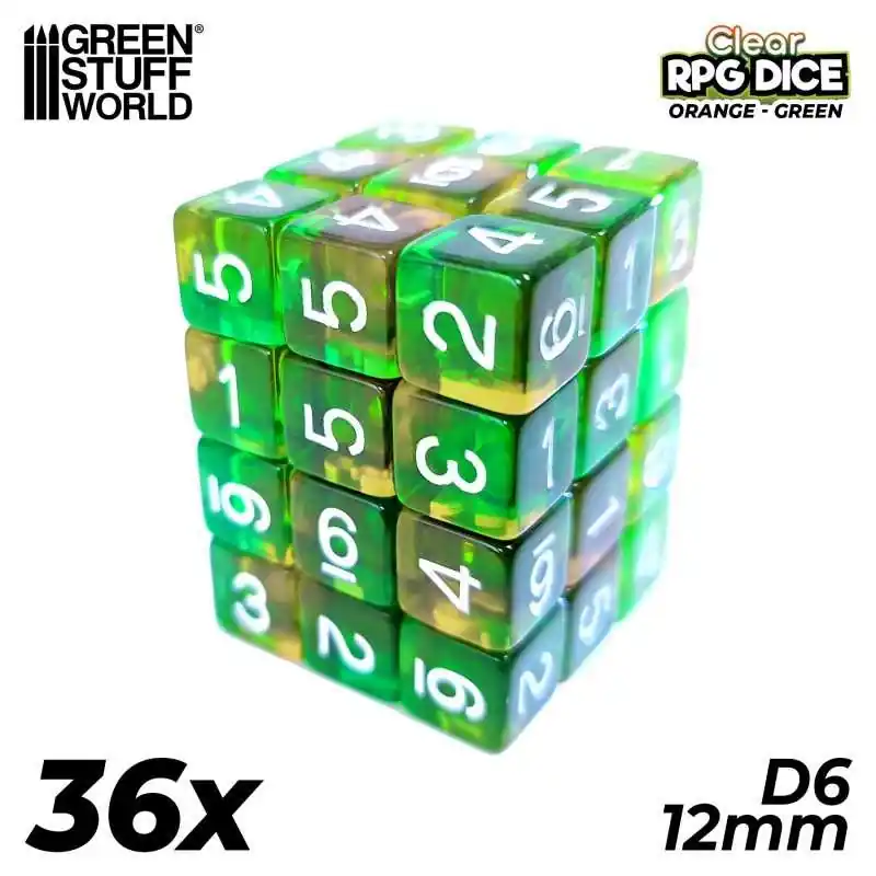 Prix Bas 36x D6 12mm Dés de Jeu - Orange/Vert Transparent