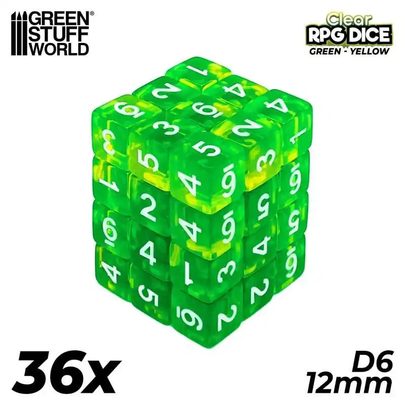 36x D6 12mm Dés de Jeu - Vert/Jaune Transparent Expédié Aujourd'hui
