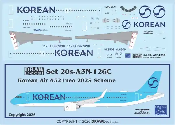 NEW! Draw Decal 20-A3N-126C Airbus A321neo - Korean Air (2025 Scheme with Coroguard) Authentique