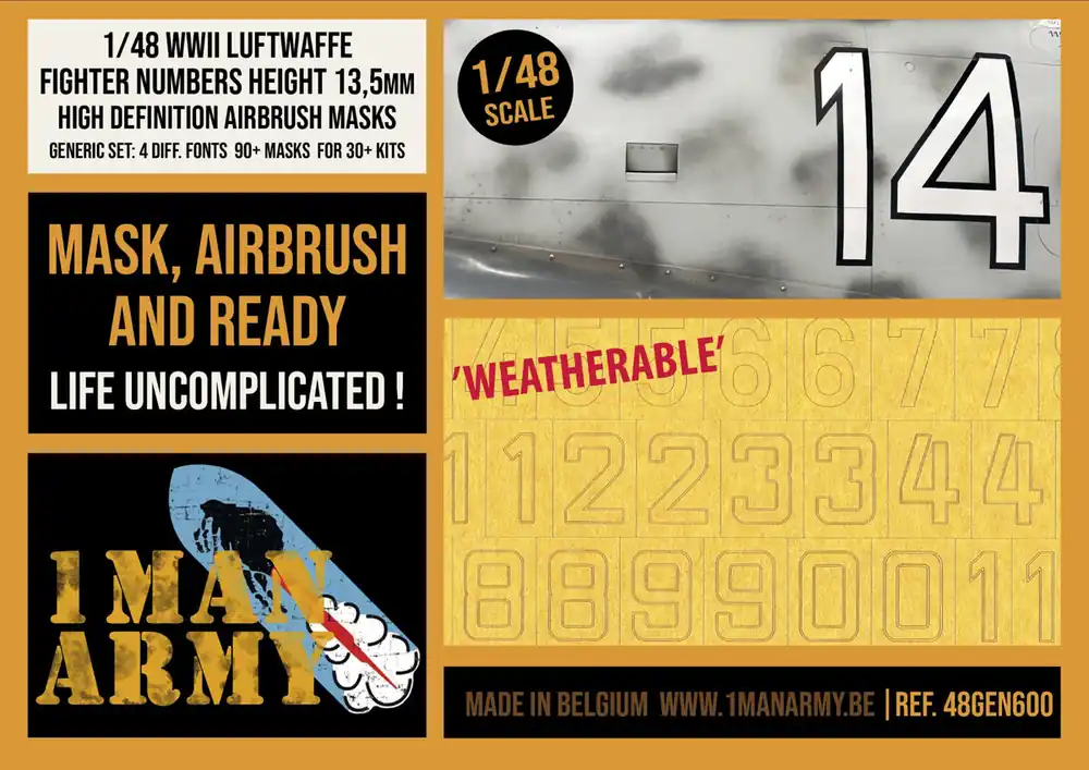 Prix Bas 1 Man Army 48GEN600 Focke-Wulf Fw-190 A-Series - High Definition Airbrush Masks Fighter Numbers (13,5 mm) General Set