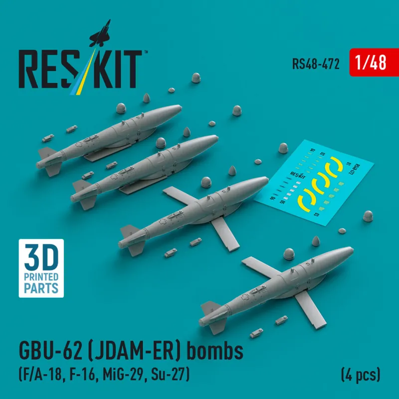 RES/KIT 48-0472 GBU-62 (JDAM-ER) Bombs (4 pcs) (F/A-18, F-16, MiG-29, Su-27) (3D Printed) Nouveauté