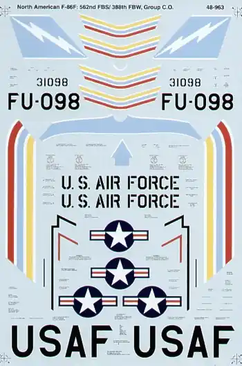 Microscale 480963 North American F-86 F Sabre (1 scheme) 31098 562FBS/388FBW Group Co‘s colourful aircraft with mainly pale blue trim Pas Cher