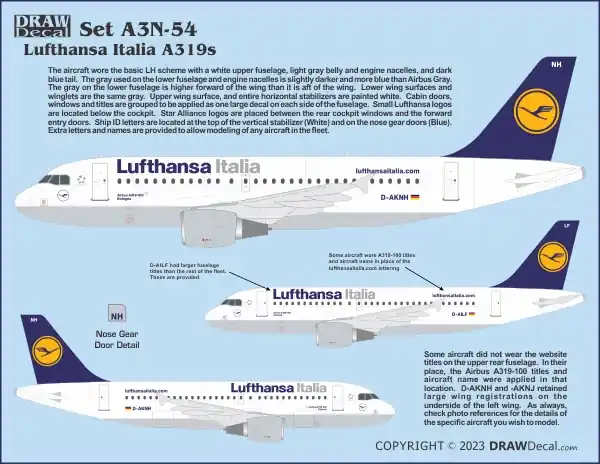 Expédié Aujourd'hui Draw Decal 20-A3N-54 Airbus A319 - Lufthansa Italia