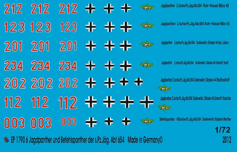 Authentique Peddinghaus-Decals 1790 6 Hunting Panther And 1 Command Panther s. Pz. Jäg. Abt 654 1944-1945