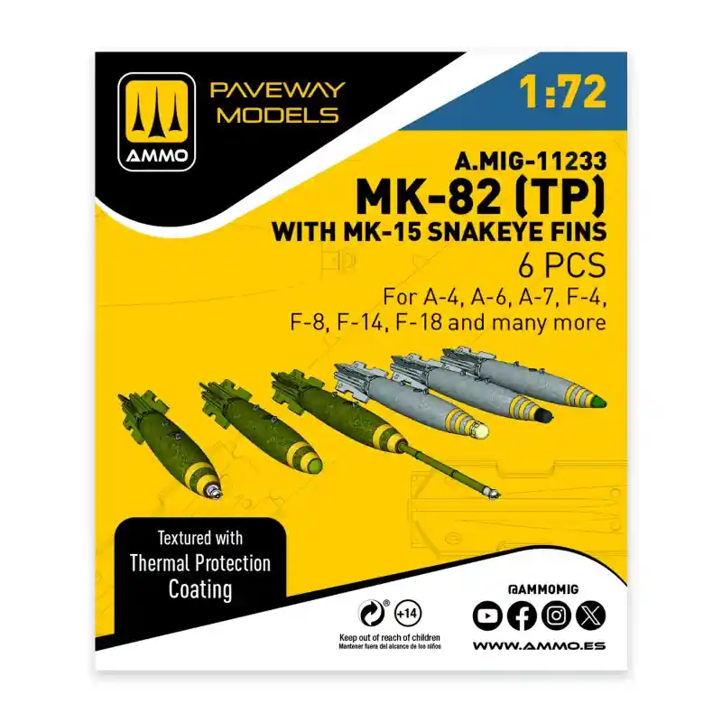 AMMO of Mig Jimenez 11233 Mk.82 with Thermal Protection and Mk.15 Snakeye Fin (6 pcs / 3D-Printed) Satisfait Ou Remboursé
