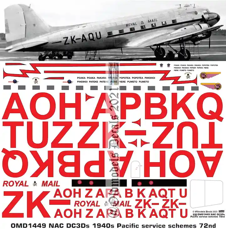 Promotion Saisonnière Old models Decals 1449 Douglas DC3 - National Airways Corporation (NAC) 1940s Pacific Service Scheme