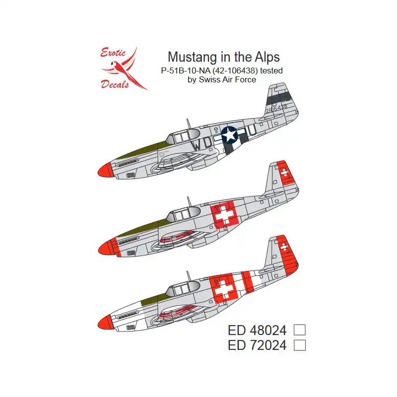 Acheter Direct Exotic Decals 72024 Mustang In The Alps P-51B-10-NA (42-106438) Tested By Swiss Air Force