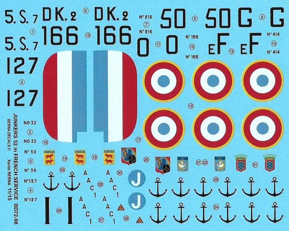 Berna Decals 72098R Junkers Ju-52/3m (AAC-1 ‘Toucan‘) French Navy and Air Force Decals Meilleure Vente