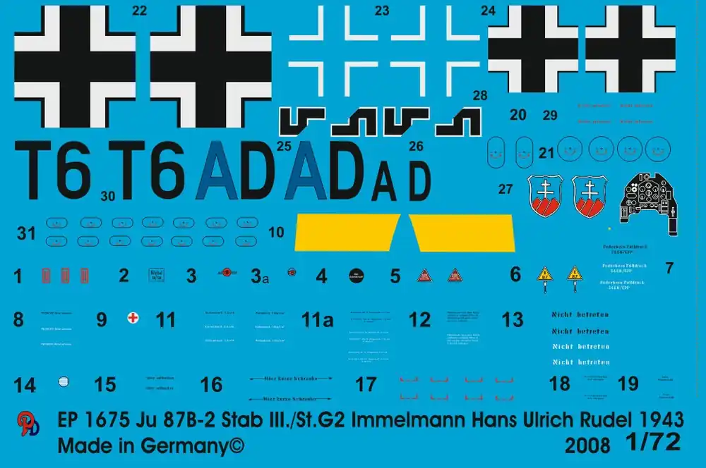Peddinghaus-Decals 1675 Ju 87 B-2 Stab III./St.G2 Immelmann Hans Ulrich Rudel Russia 1943 Nouvelle Collection