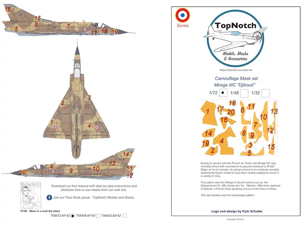 Achetez Aujourd'hui TopNotch 72-M142 Dassault Mirage III C - "Djibouti" Scheme - Camouflage Paint Masks