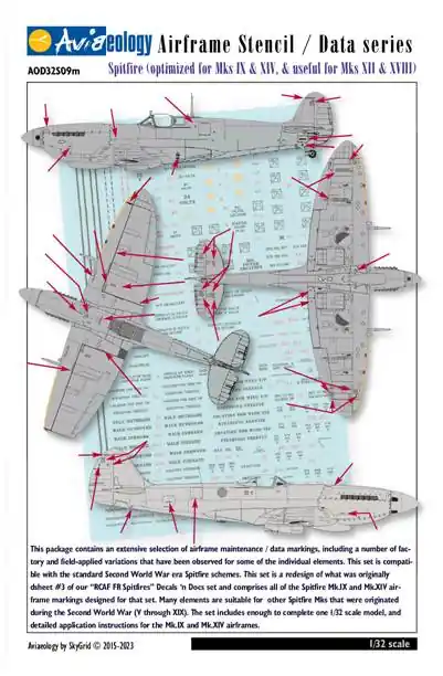 Aviaeology AOD32S09M Supermarine Spitfire - Airframe Stencil/Data (for Mk.IX & Mk.XIV / applicable to Mk.XII & XVIII) Bon Plan