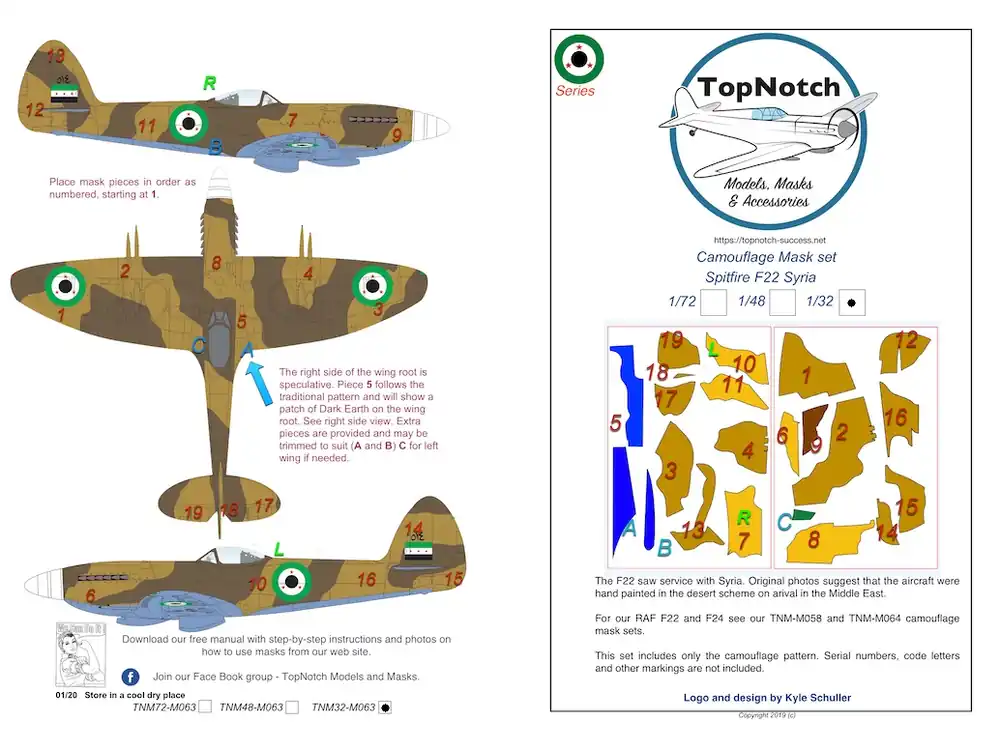 TopNotch 32-M063 Supermarine Spitfire F.22 - Syrian Air Force Desert Scheme - Camouflage Mask Set Commande En Gros