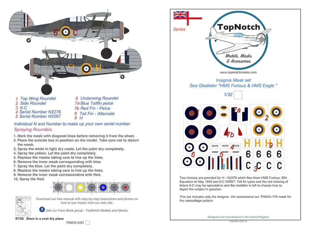 TopNotch 24-I053 Gloster Sea Gladiator - HMS Furious & HMS Eagle - Insignia Mask Set Nouvelle Collection