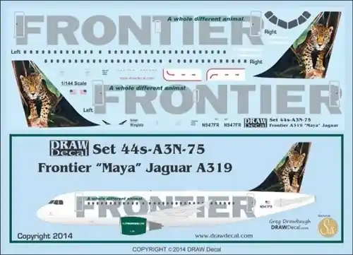 Draw Decal 44-A3N-75 Airbus A319 - Frontier "Maya" Jaguar Meilleur Choix