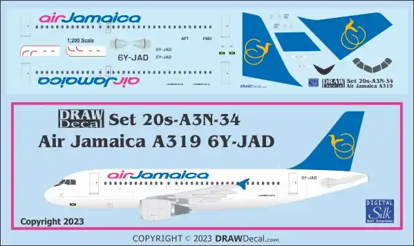 Draw Decal 20-A3N-34 Airbus A319 - Air Jamaica White Fuselage Authentique