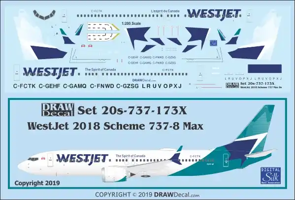 Expédition Rapide Draw Decal 20-737-173X Boeing 737 MAX8 - WestJet (2018 scheme)